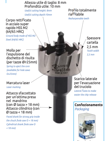 Fresa a tazza HSS con scarico per forare metalli (Stella Bianca)